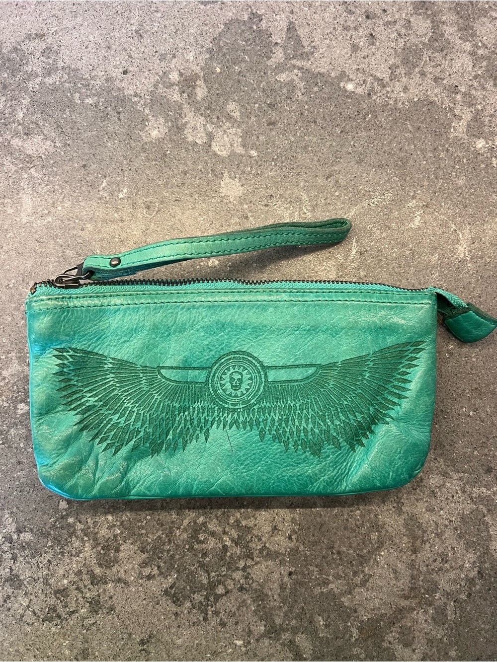 Zadig & Voltaire Green Leather Wristlet Clutch with Wing Motif